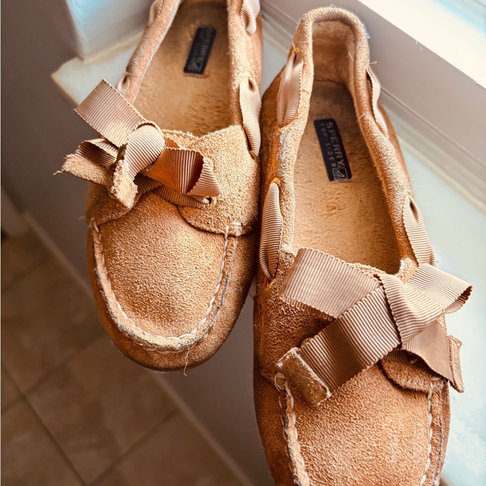 Tan Suede Loafers with Bow Detail